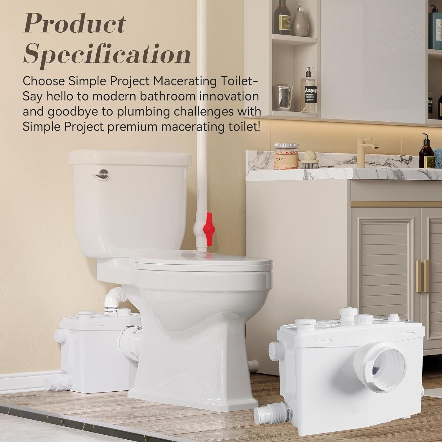 Macerating Toilet System, 800PRO HIGH POWER Macerator Pump with 4 Inlets & 2 Outlets for Kitchen Sink, Bathroom, Laundry, Easy Install Two Piece Upflush Toilet for Basement, Nano-glazed