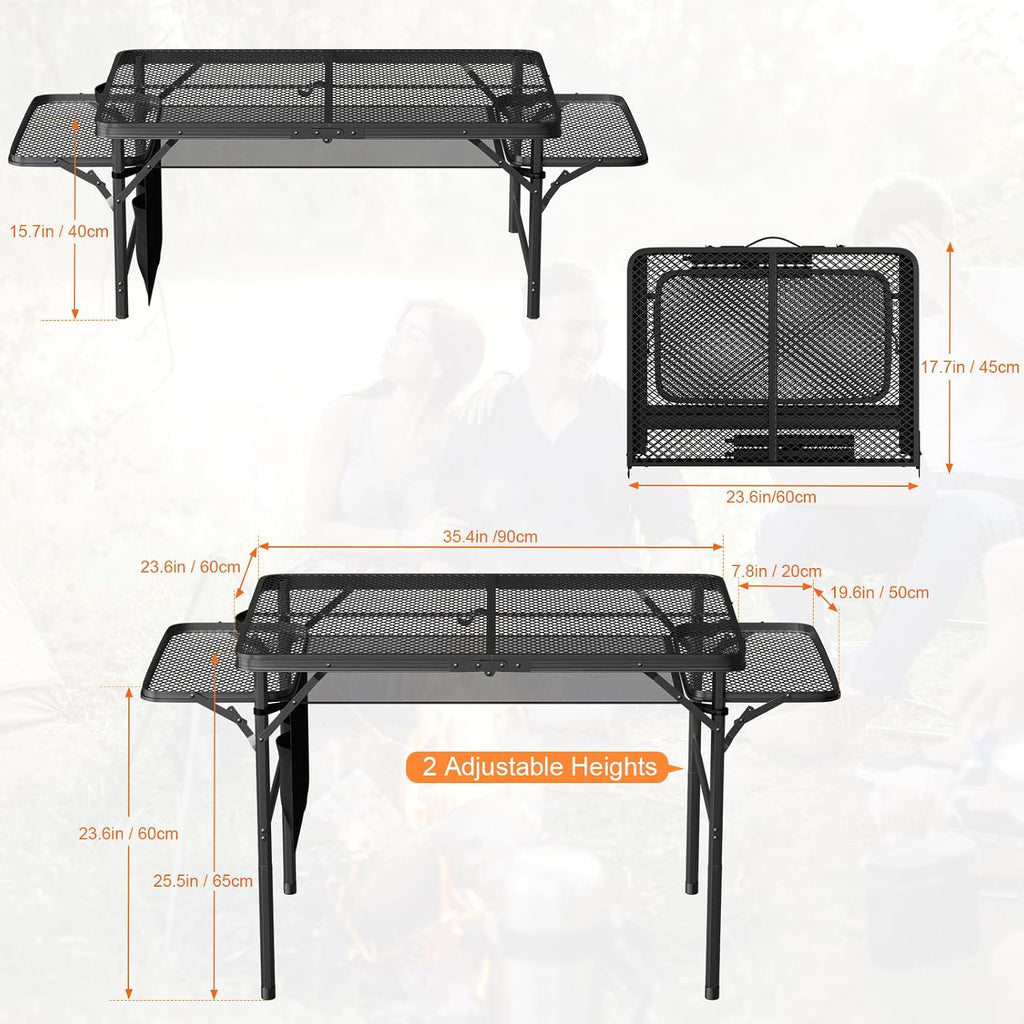 Portable Folding Picnic Table with Carry Handle, Outdoor Grill Camping Table with Mesh Bag, Side Tables, with Metal Grid Desktop Adjustable Height Folding Table, for Ninja Blackstone Flat Top Griddle