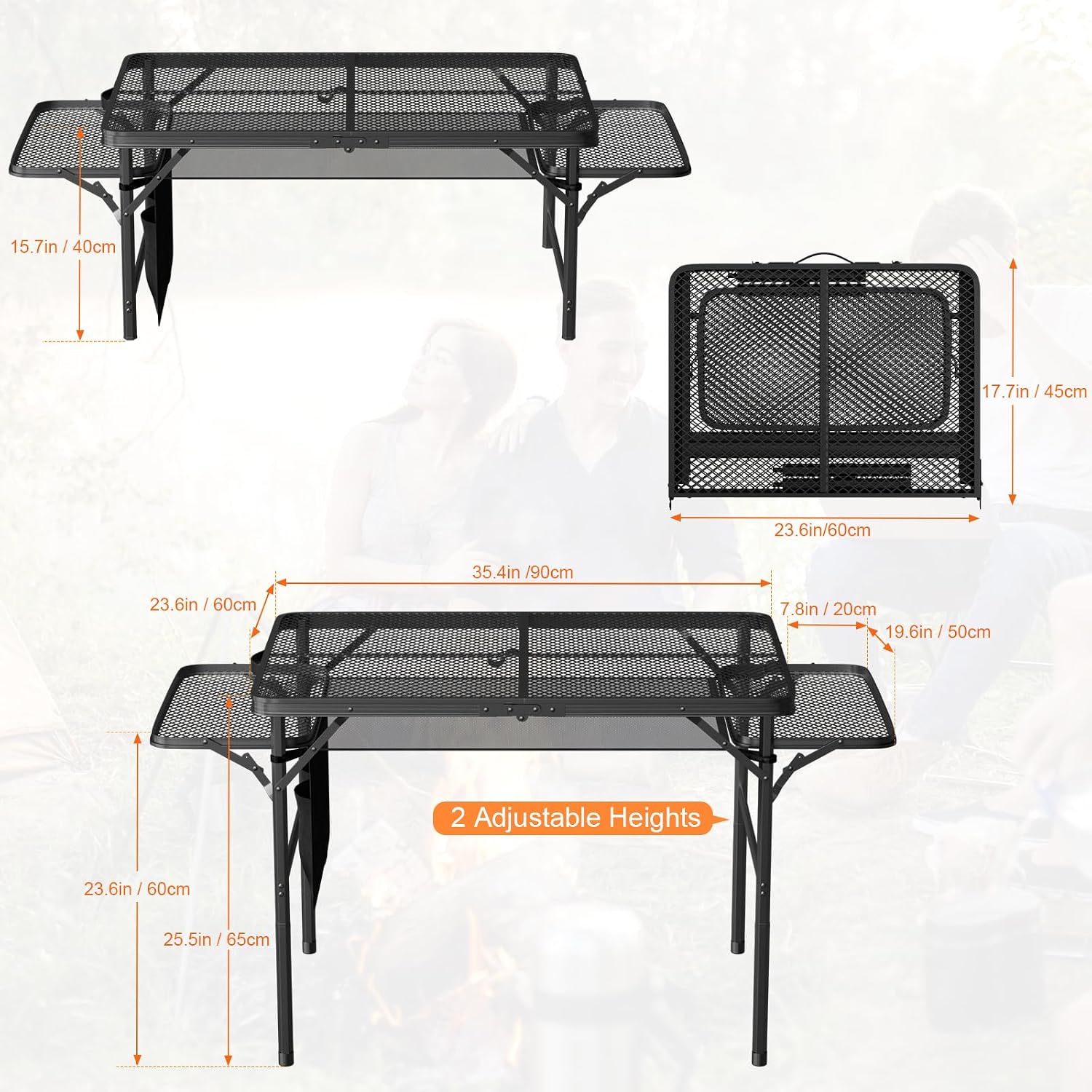 Portable Folding Picnic Table with Carry Handle, Outdoor Grill Camping Table with Mesh Bag, Side Tables, with Metal Grid Desktop Adjustable Height Folding Table, for Ninja Blackstone Flat Top Griddle