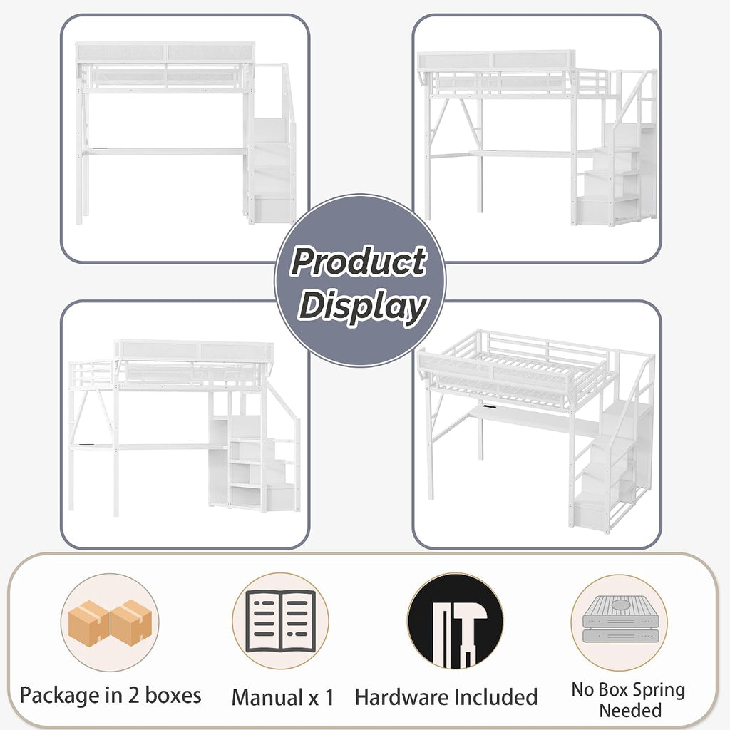 Metal Loft Bed with Desk and RGB LED Lights, Full Size Loft Bed with Stairs and Charging Station,Kids Loft Beds with Storage Shelves for Upper and Wardrobe,Loft Beds Frame for Kids Teens, White