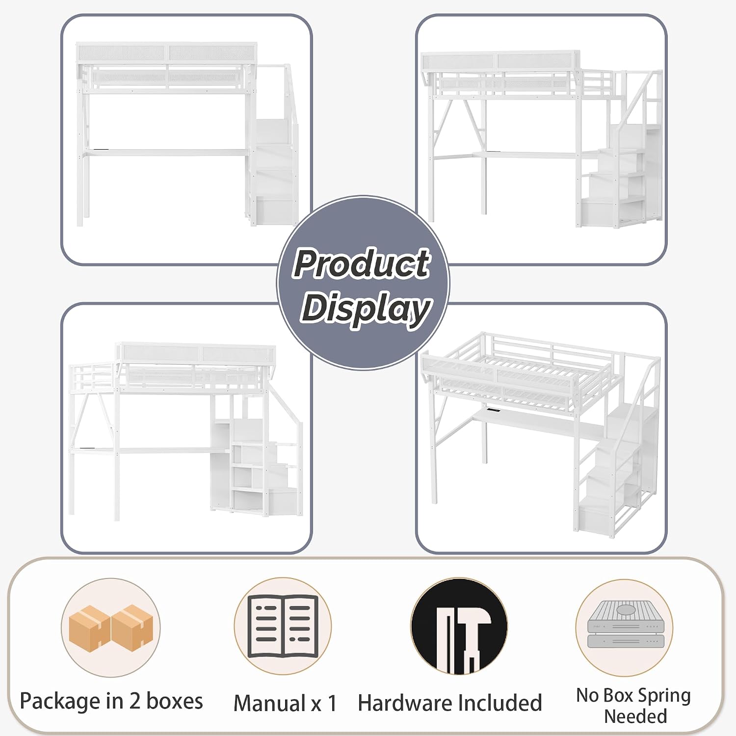 Metal Loft Bed with Desk and RGB LED Lights, Full Size Loft Bed with Stairs and Charging Station,Kids Loft Beds with Storage Shelves for Upper and Wardrobe,Loft Beds Frame for Kids Teens, White