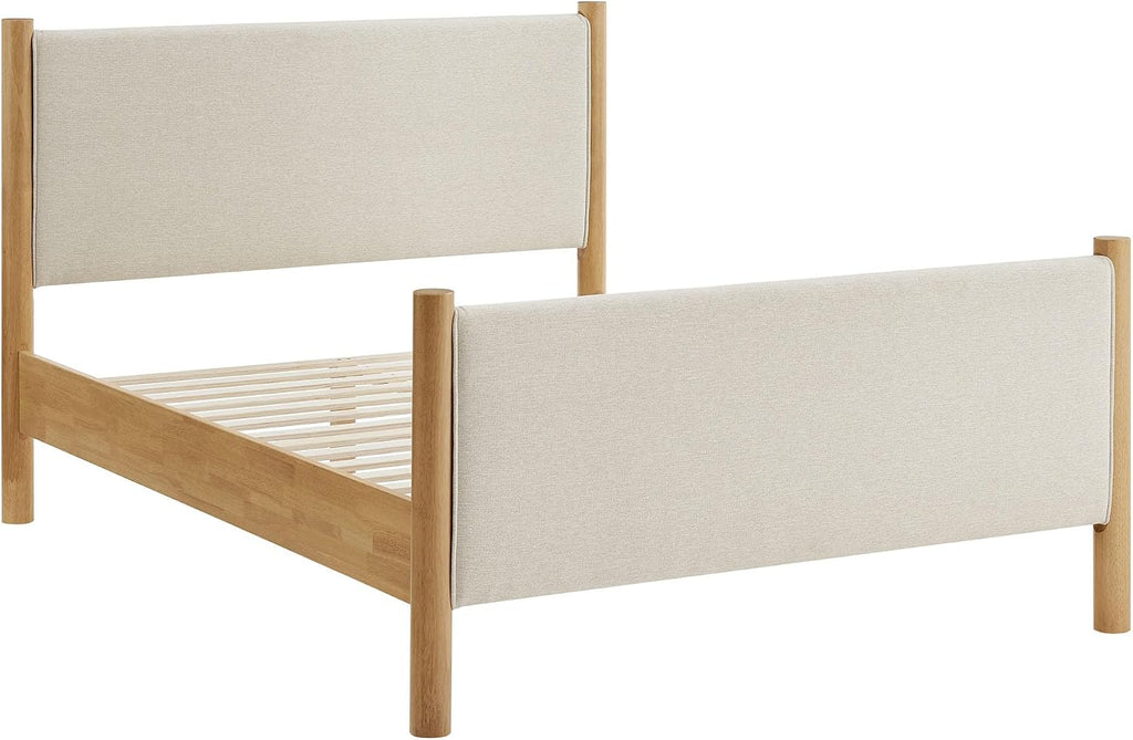 Modway Maven Full Bed Frame in Ivory Oak with Upholstered Fabric Headboard and Footboard – Wood Full Platform Bed Frame – No Box Spring Needed