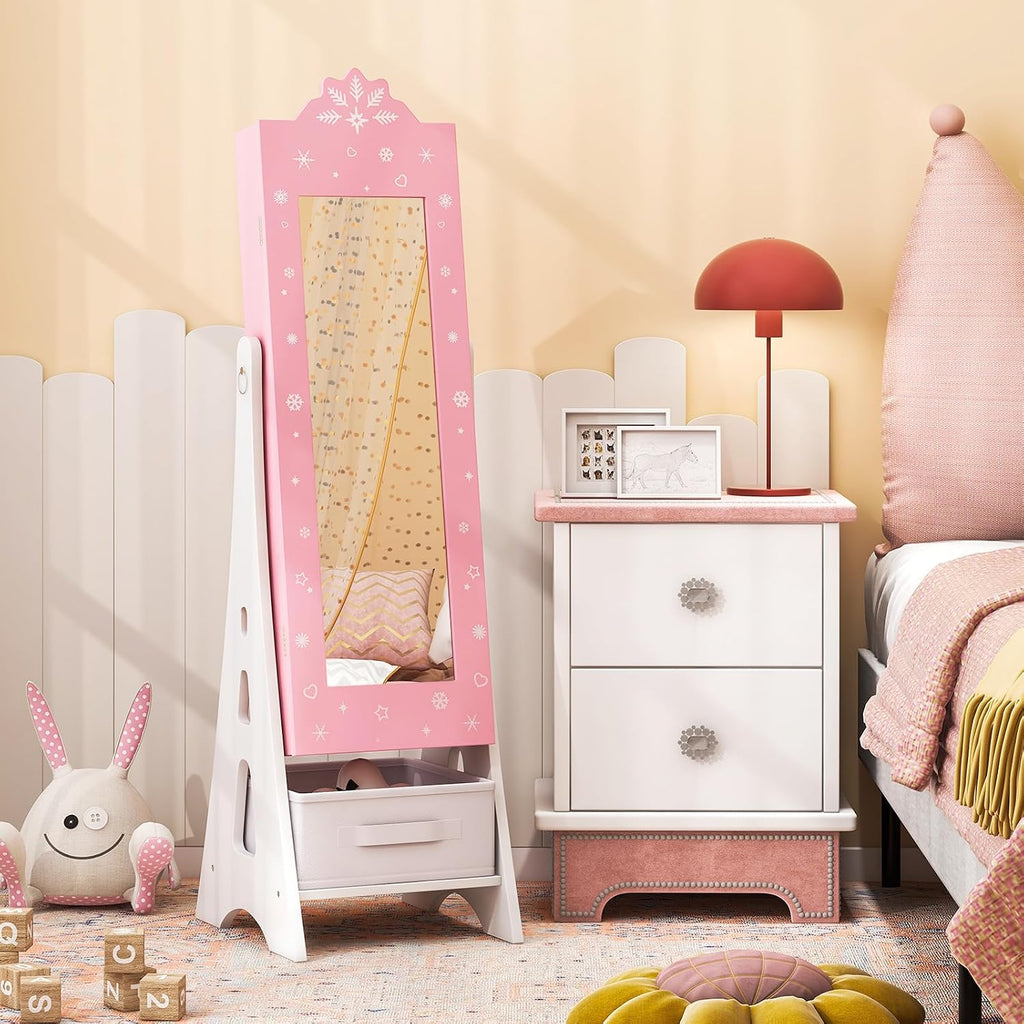 Costzon Kids Vanity & Jewelry Armoire Cabinet, Kids Vanity Table and Chair Set, Standing Jewelry Organizer with Full-Length Mirror, Kids Bedroom Furniture Set for Girls, Snowflake Print (Pink)