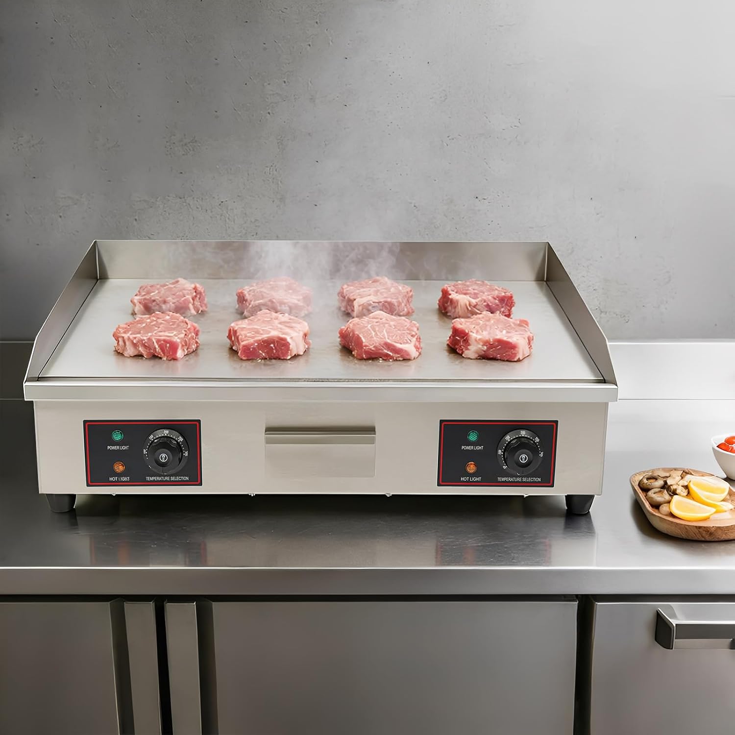 Electric Countertop Flat Top Griddle Food grade Stainless Steel Commercial Kitchen with Adjustable Temperature Control 122-572℉