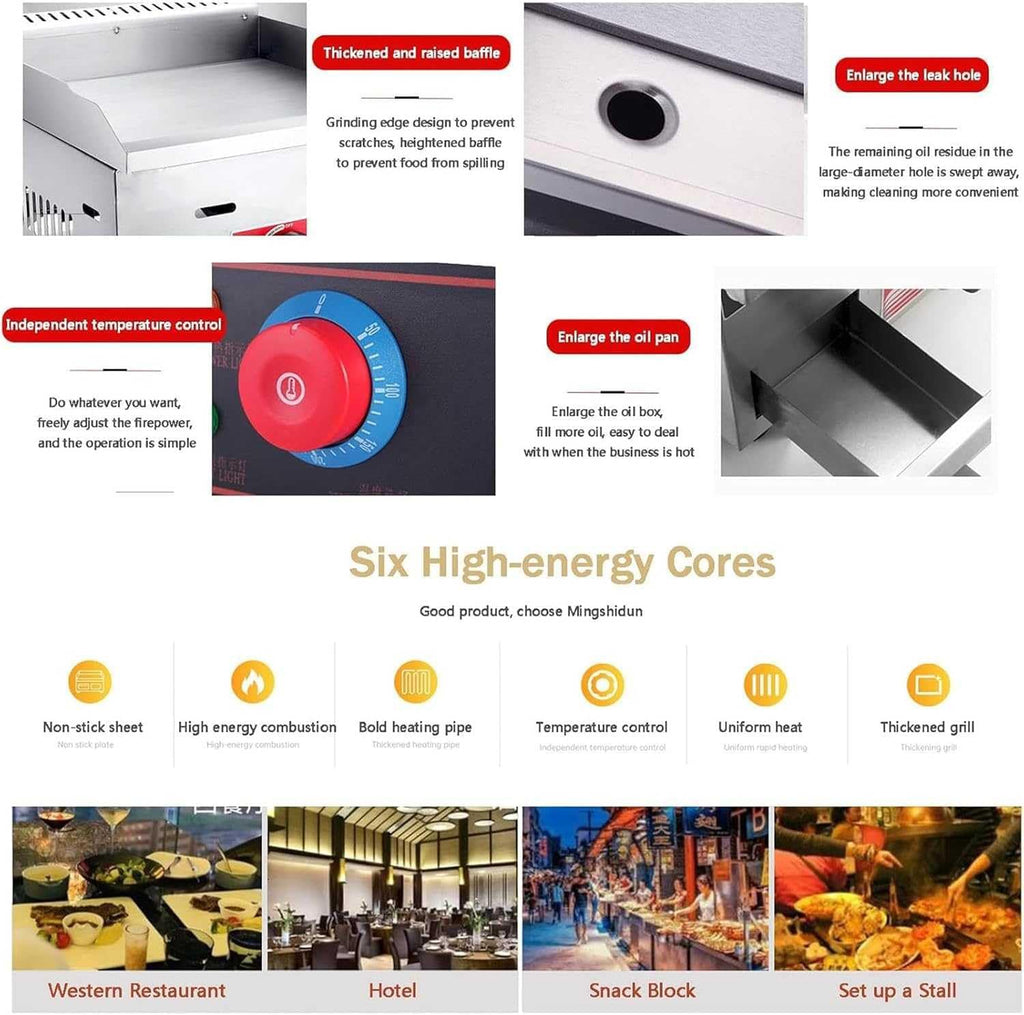 Commercial LPG Gas Griddle,Stainless Countertop Flat Top Griddle Flat Top Fry Pan,Steel Grill BBQ 36cm Large Hotplate with Temperature Control 50-300℃ and Oil Leaking Hole,for Kitchen Und Restaurant