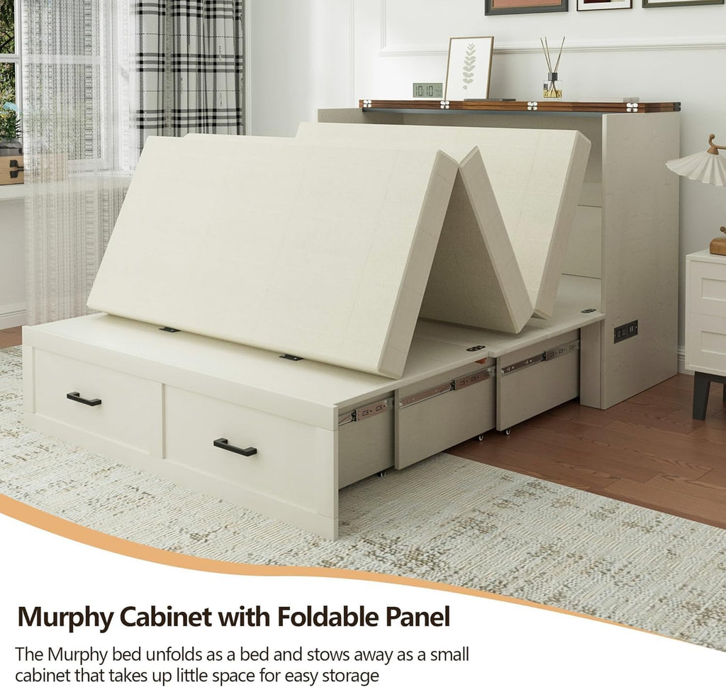 Murphy Bed, Queen Size Bed Frame with Storage Cabinet, Large Drawers for Bedroom, Living Room, Guest Bedroom, Home Office（Queen Size）