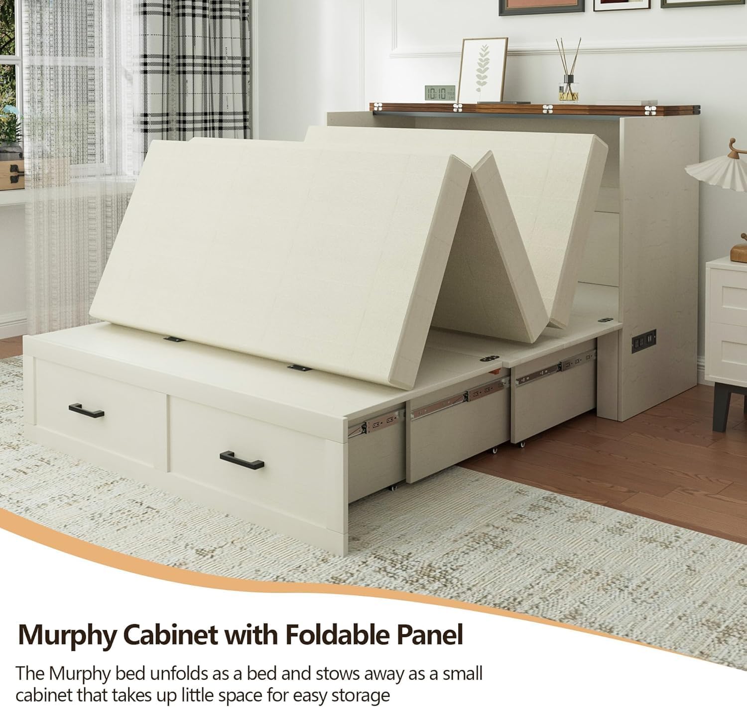 Murphy Bed, Queen Size Bed Frame with Storage Cabinet, Large Drawers for Bedroom, Living Room, Guest Bedroom, Home Office（Queen Size）