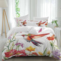Retro Duvet Cover Set Queen Size 4 Pieces Hummingbird Colorful Floral Pastoral Spring Scenery Bedding Set with Zipper Closure, 1 Comforter Cover 90x92 Inches 1 Flat Sheet & 2 Pillow Cases