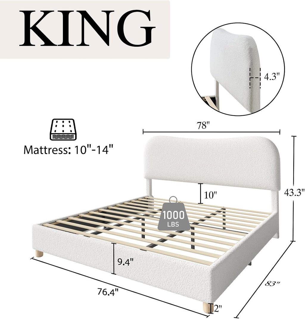 AMERLIFE King Size Upholstered Boucle Bed Frame, Soft Cloud Platform Bed with Adjustable Headboard, Modern Design, Rounded Corners, Rubberwood Legs, No Box Spring Needed, Easy Assembly, Cream
