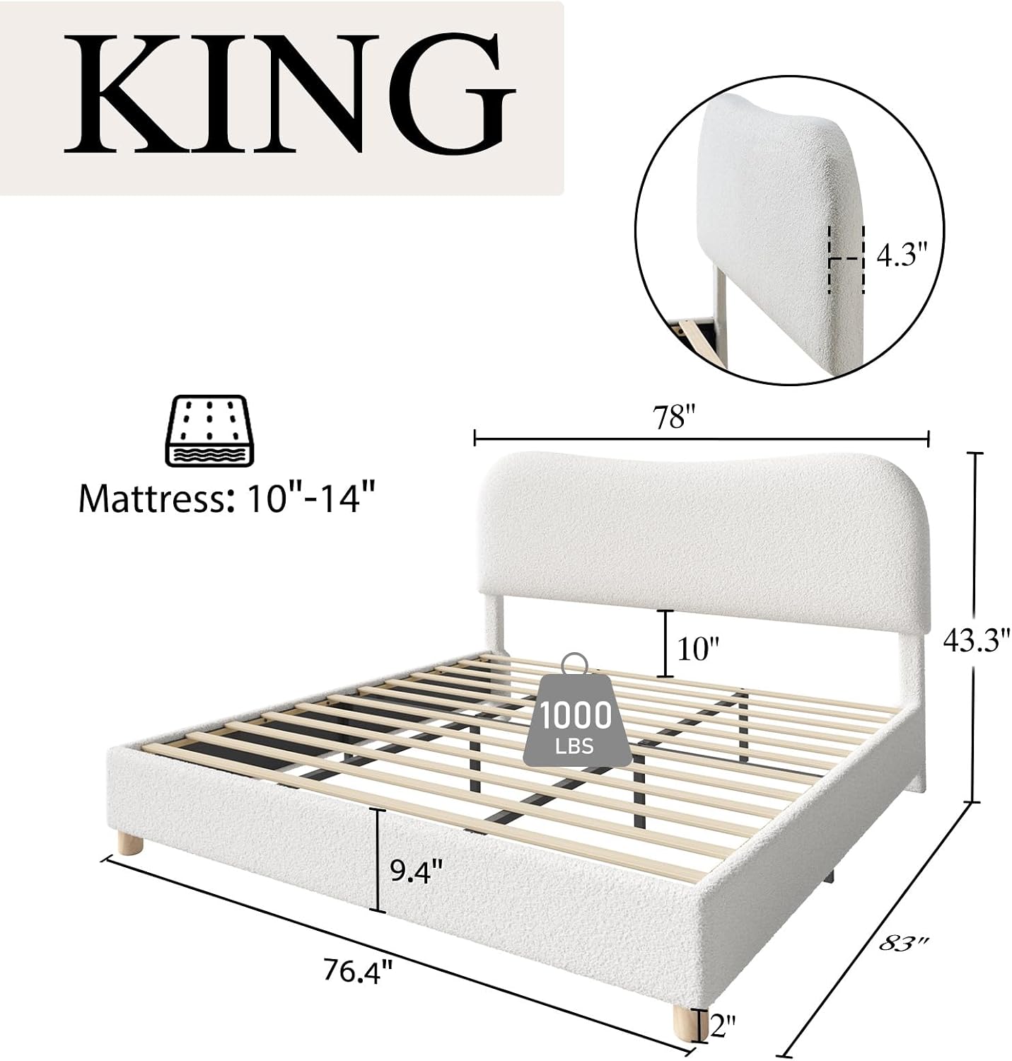 AMERLIFE King Size Upholstered Boucle Bed Frame, Soft Cloud Platform Bed with Adjustable Headboard, Modern Design, Rounded Corners, Rubberwood Legs, No Box Spring Needed, Easy Assembly, Cream