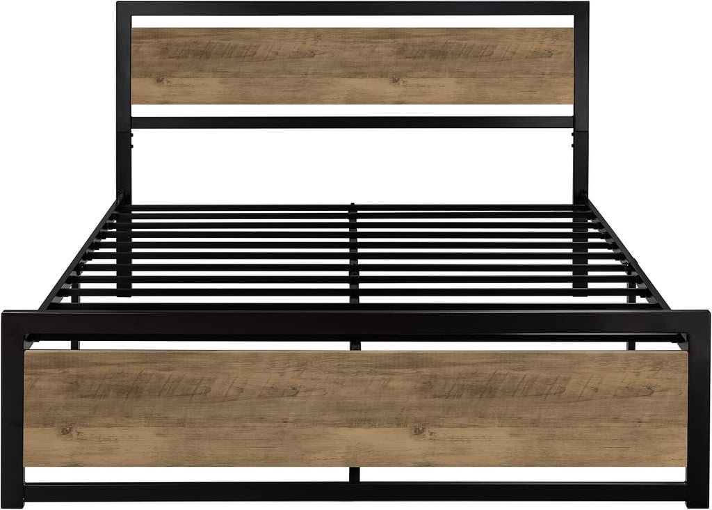 Allewie Queen Bed Frame with Headboard, Heavy Duty Metal Platform Base with Strong Support, Underneath Storage Space, Stable Mattress Foundation, No Box Spring Needed, Brown