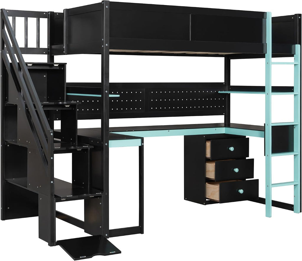 Ball & Cast Gaming Twin Size Loft Bed with Storage Stairs,Wood Gamer Loft Bed Frame W/Desk,Shelves and Pegboard,High Loft Bed W/Full-Length Guardrail,Bedroom Furniture for Student Dorms,Black+Blue