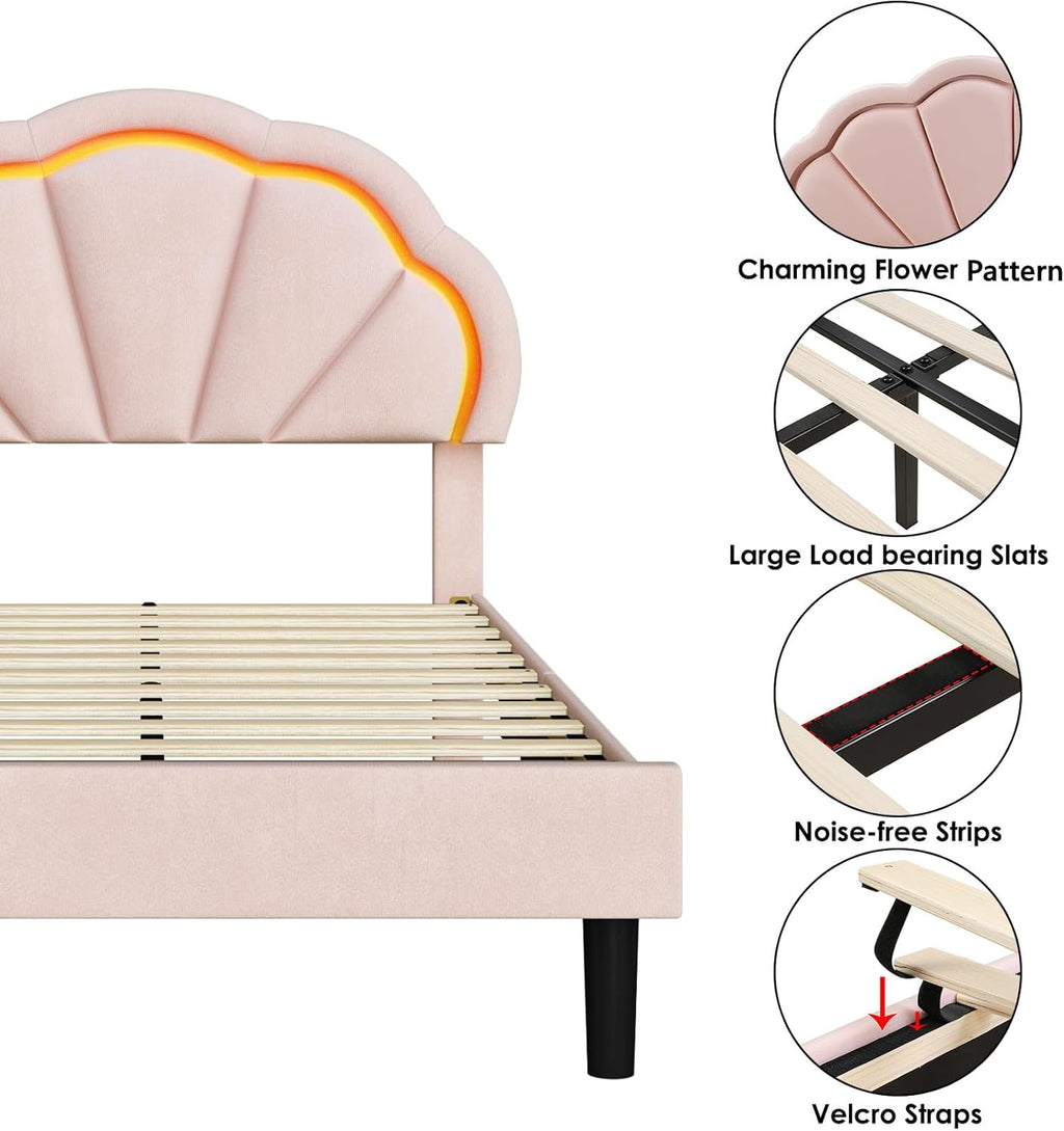 HIFIT Twin Upholstered Smart LED Bed Frame with Adjustable Chic Petal Headboard, Princess Twin Size Platform Bed Frames for Kids/Girls, Wooden Slat Support, No Box Spring Needed, Easy Assembly, Pink