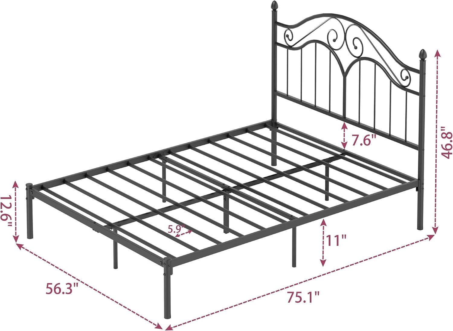 Elephance Full Size Metal Bed Frame with Vintage Headboard,11 Inches Storage Space Platform Bed No Box Spring Needed Easy Assembly,Black