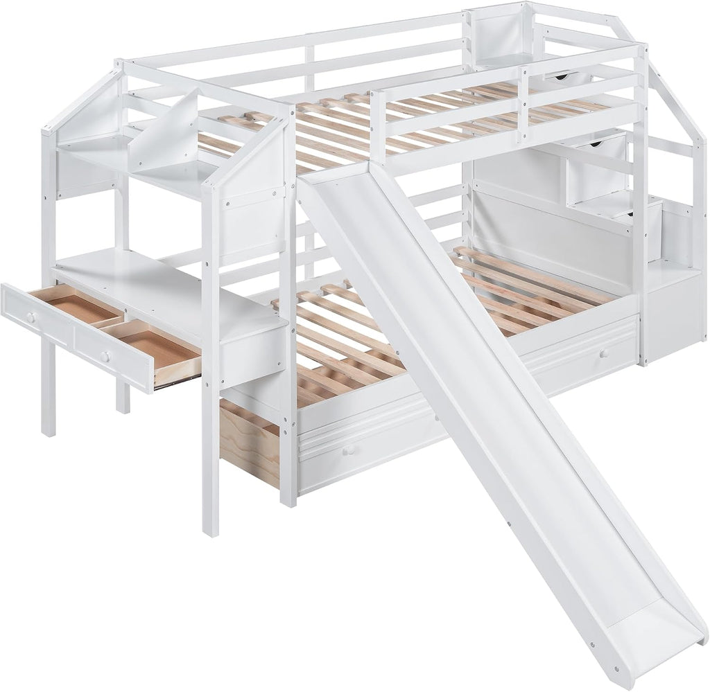 Merax Twin Over Twin Bunk Bed with Storage Staircase & Desk, Wood Bedframe with 2 Pull Out Drawers,Sturdy Bedroom Furniture Set for Boys Girls Teens (White)