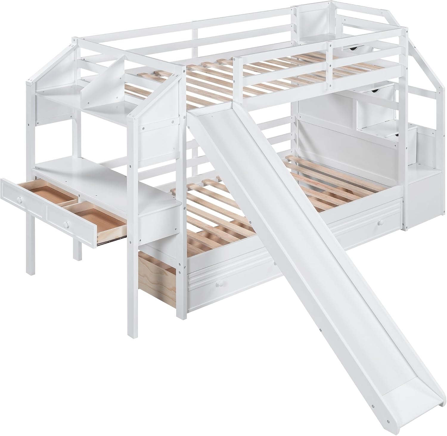 Merax Twin Over Twin Bunk Bed with Storage Staircase & Desk, Wood Bedframe with 2 Pull Out Drawers,Sturdy Bedroom Furniture Set for Boys Girls Teens (White)
