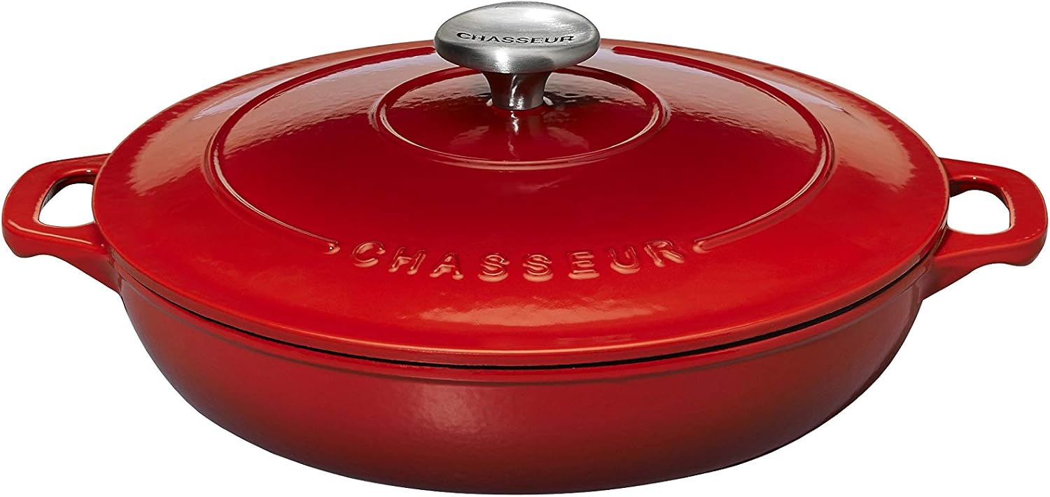 Chasseur French Enamel Coated Cast Iron Cookware 1.8 Quart Braiser Red Baking Dish with Lid – French Handcrafted Serving Dish with Dual Handles for Baking & Everyday Cooking
