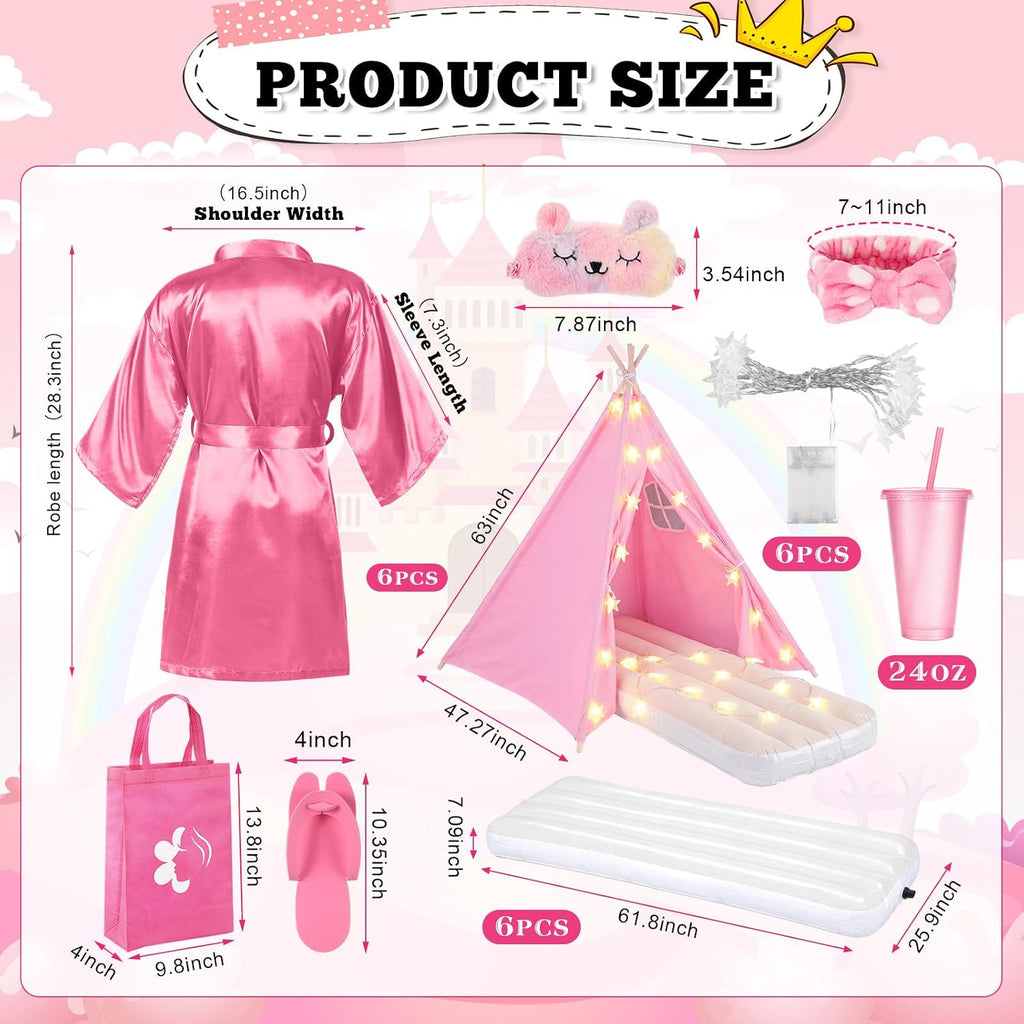 6 Set Sleepovers Teepee Tents Spa Slumber Party Robes Supplies Bulk with Inflatable Airbed and Light String, Birthday Favors Gift Indoor Outdoor (Complete,6 Pink)