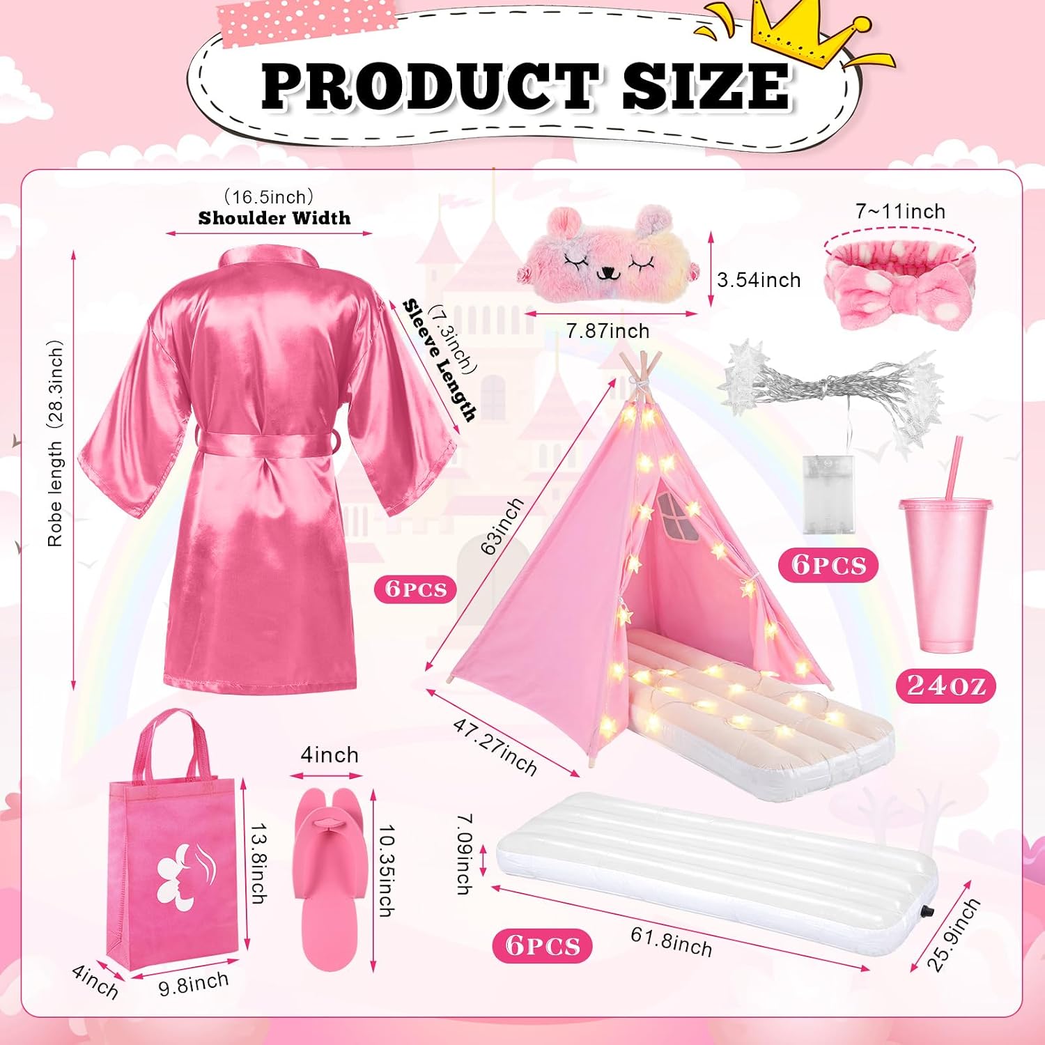 6 Set Sleepovers Teepee Tents Spa Slumber Party Robes Supplies Bulk with Inflatable Airbed and Light String, Birthday Favors Gift Indoor Outdoor (Complete,6 Pink)