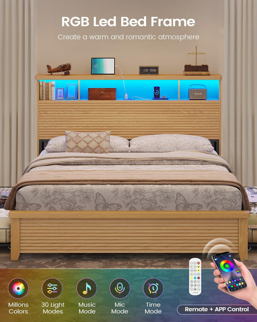 VIAGDO Wood Bed Frame Queen Size with 4 Storage Drawers & Bookcase Headboard, Led Wooden Queen Bed Frame with Charging Station,No Box Spring Needed,Wood