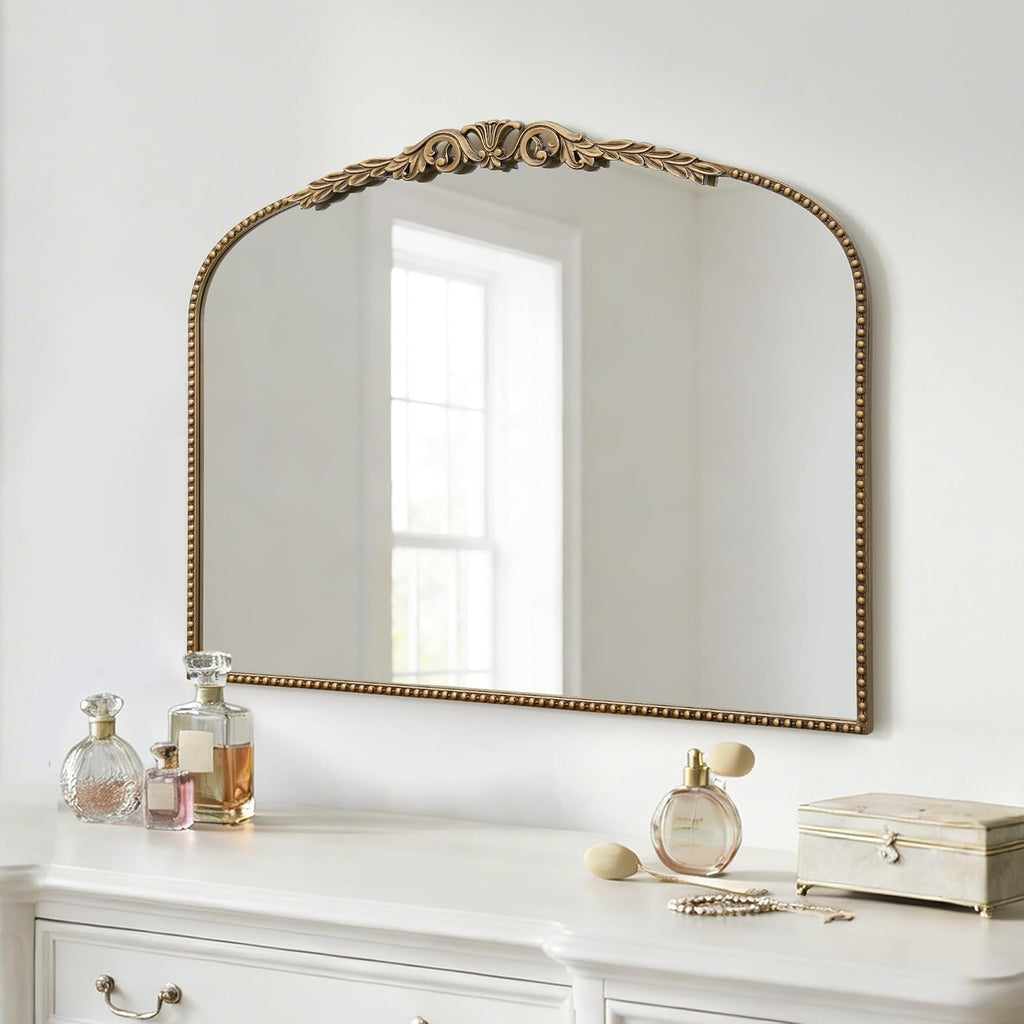 Besdomus Gold Vintage Vanity Mirror: 32'x 24' French Baroque Arched Mirror - Traditional Ornate Antique for Fireplace/Bathroom/Entryway/Dresser - Home Decor for Living Room