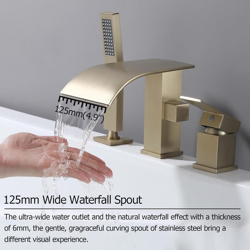 Waterfall Roman Tub Faucet with Hand Shower, Deck Mount Tub Filler Bathtub Faucet with Sprayer, Brass Widespread 3 Hole Bathtub Shower Faucet Set, Brushed Gold