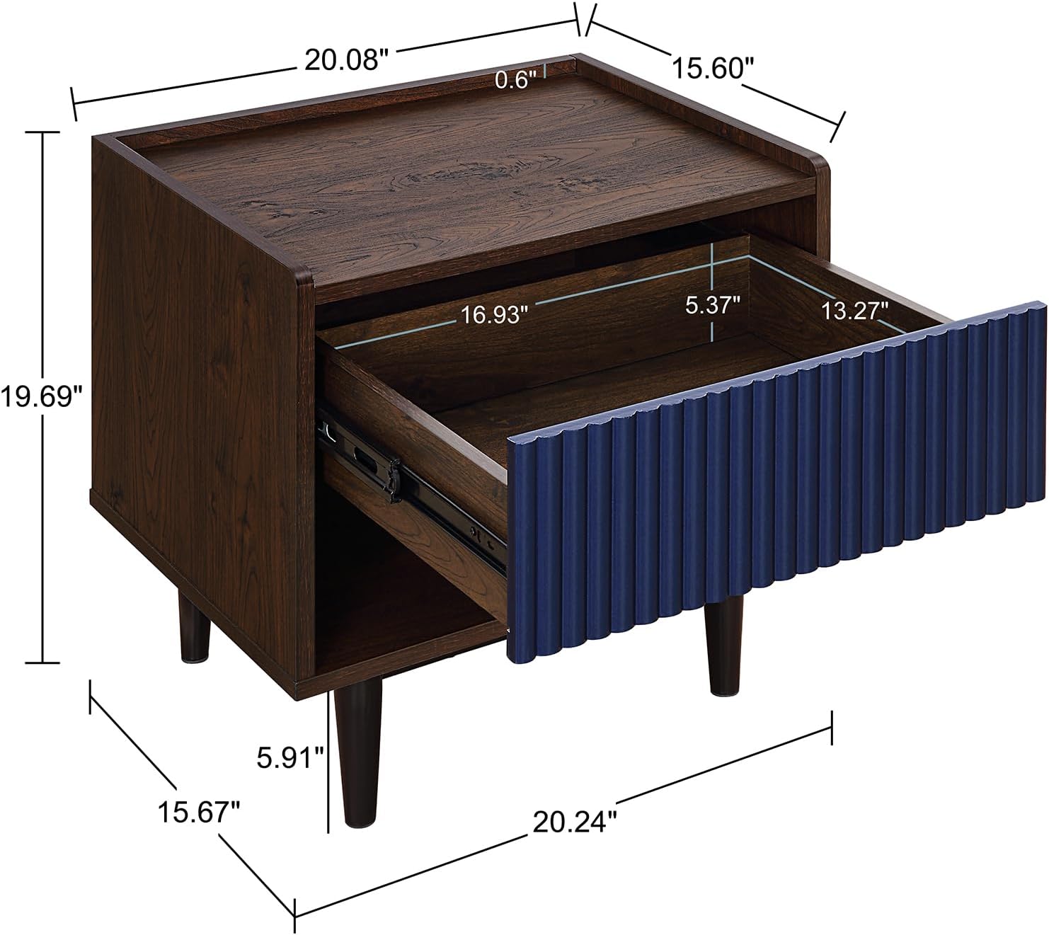 Manhattan Comfort Duane Fluted Nightstand with Full Extension Drawer and Open Shelf, Steel Legs, Bedside Table, Industrial Chic Accent Table for Living Room, Entryway and Bedroom in Navy Blue