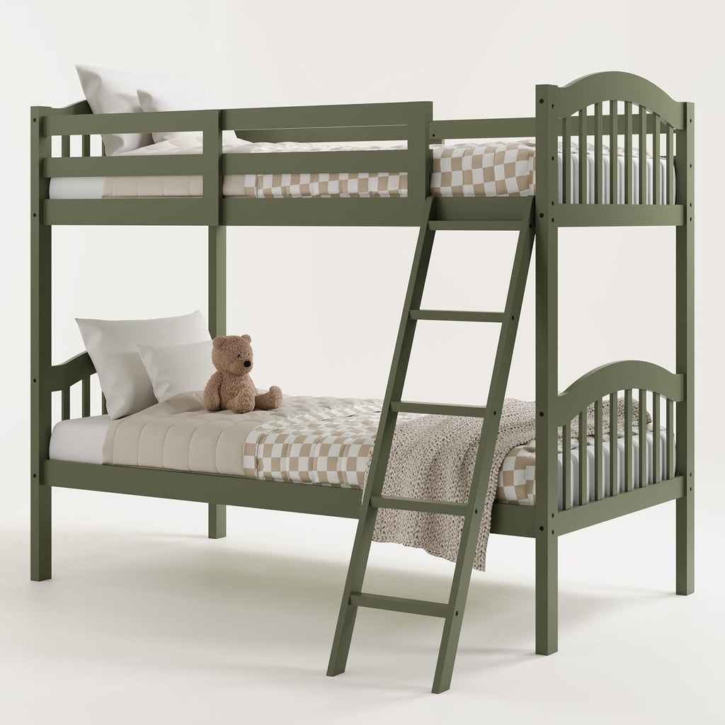 Storkcraft Long Horn Twin-Over-Twin Bunk Bed (Olive) - GREENGUARD Gold Certified, Converts to Two Twin Beds, Wood Bunk Bed for Kids Bedroom