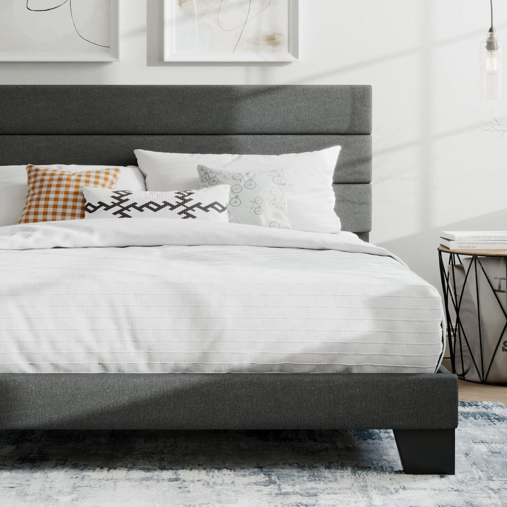 SHA CERLIN King Platform Bed Frame with Upholstered Fabric Headboard, Mattress Foundation with Strong Wooden Slats Support, No Box Spring Needed, Grey