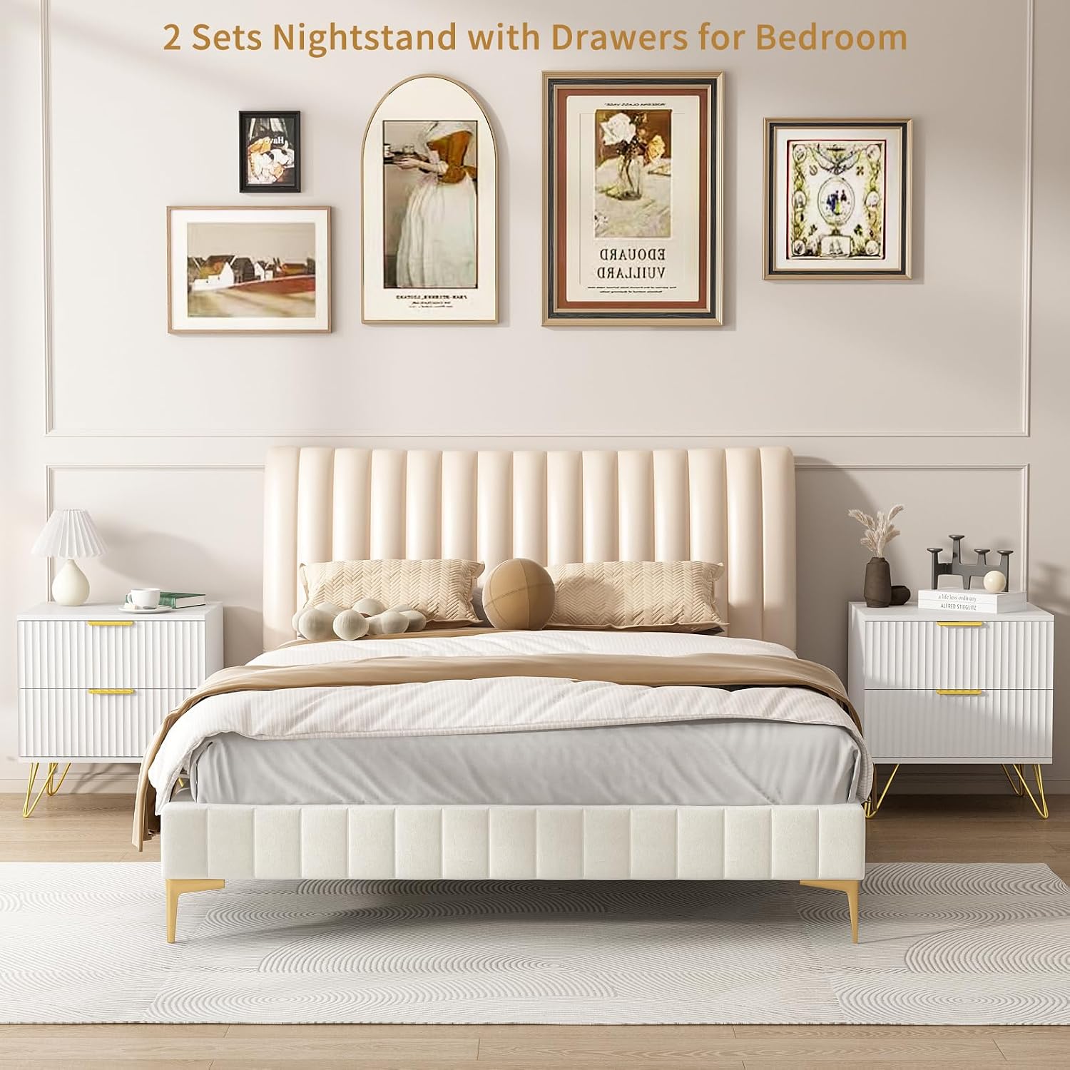 6 Drawer Dresser and Nightstand Sets for Bedroom, 3 Pcs Bedroom Set, Night Stand Set of 2 & 6 Drawer Dresser with Gold Handles, Modern Wood Chest of Drawers Storage Cabinet Set, White