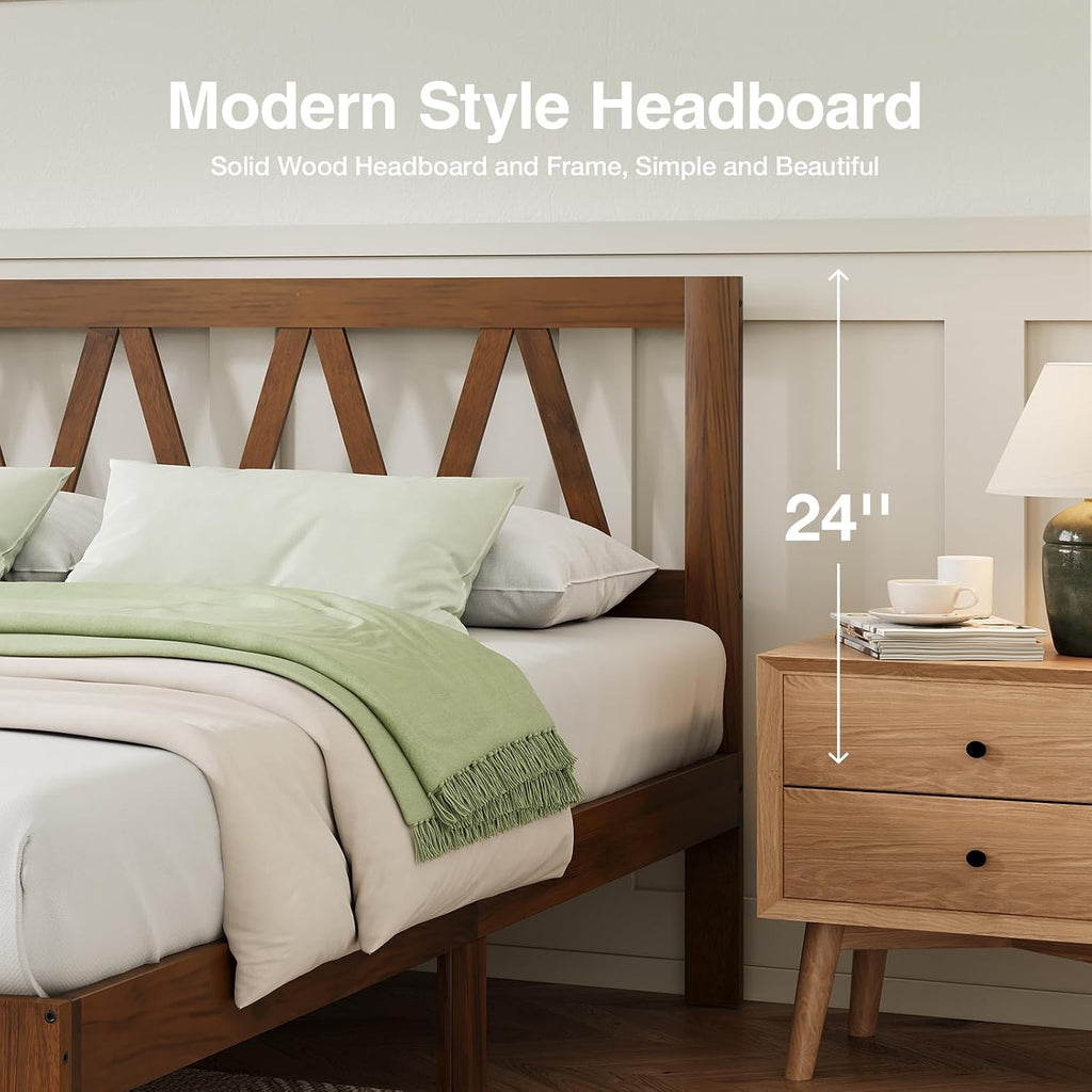 Novilla 12 Inch Queen Bed Frame with Headboard Bed Frame Queen Size Solid Wooden Bed Frame Foundation with Wood Slat Support, No Box Spring Needed, Easy Assembly, Walnut