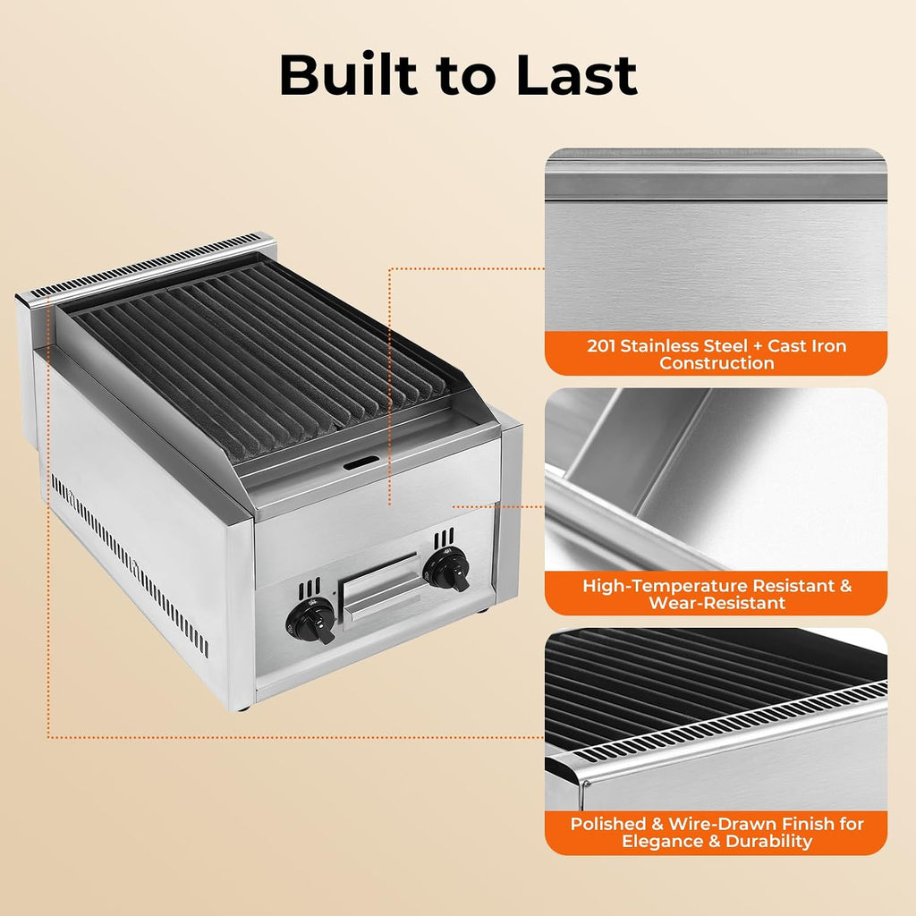 21' Gas Grill, 60TU/hr Commercial Countertop Gas Grill 2 Burner Gas Propane Flattop BBQ Stove Natural/Propane gas Radiant Char Broiler Grill with Adjustable Temperature for Garden Patio