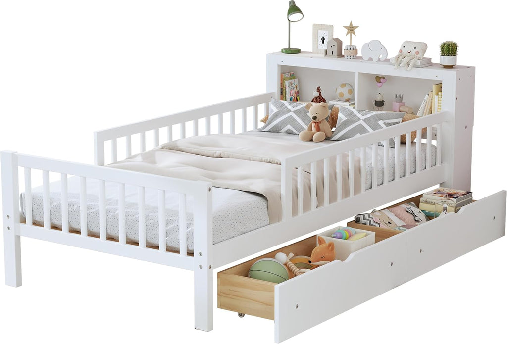 VilroCaz Wood Twin Size Platform Bed with Safety Fence for Kids Boys Girls, Platform Bed Frame with Practical Headboard and 2 Under-Bed Drawers, Sturdy Slats Support (White-3.15)