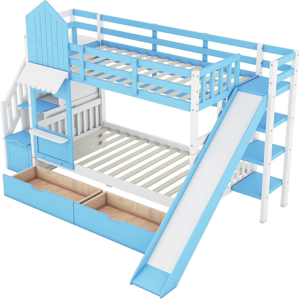 Harper & Bright Designs Twin Over Twin Bunk Bed with Stairs and Slide, Solid Wood Bunk Bed Frame with Storage Drawers and Bookshelf, for Kids Teens Girls Boys (Blue)