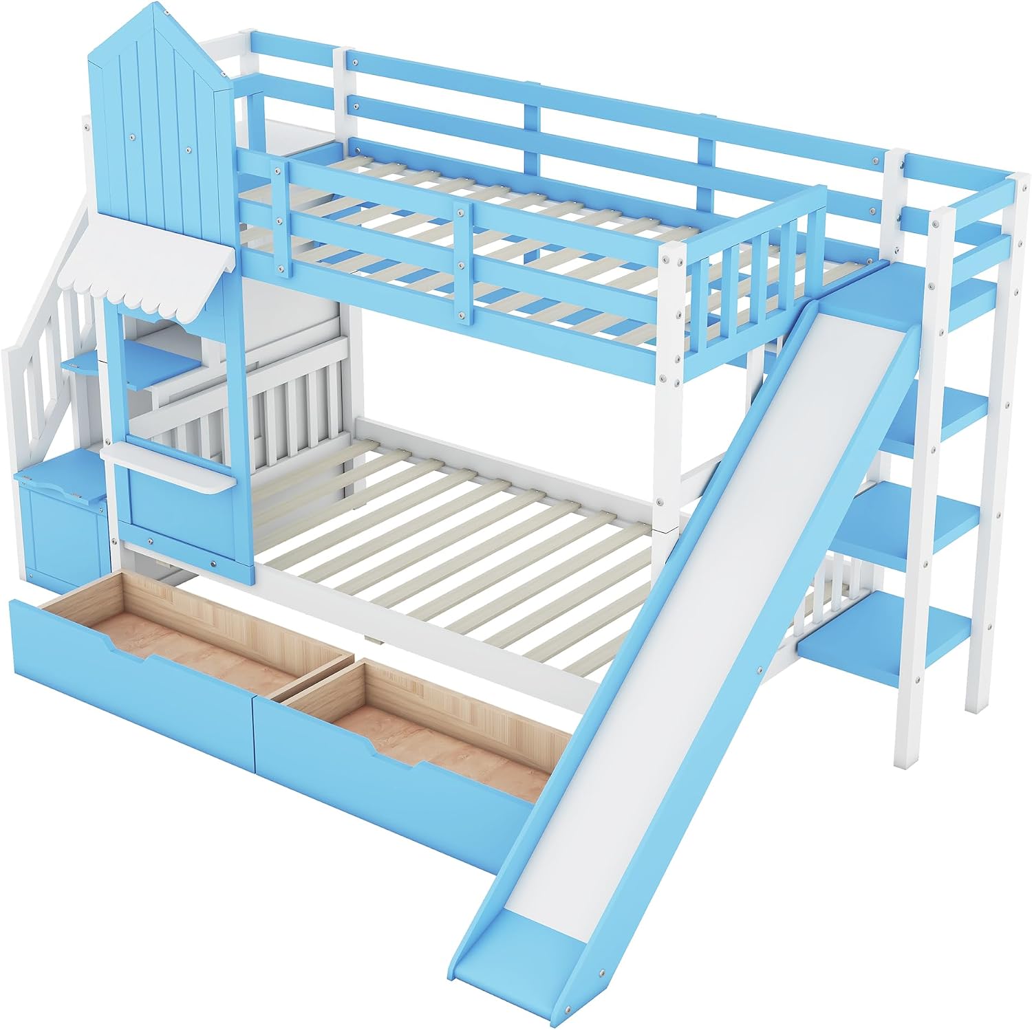 Harper & Bright Designs Twin Over Twin Bunk Bed with Stairs and Slide, Solid Wood Bunk Bed Frame with Storage Drawers and Bookshelf, for Kids Teens Girls Boys (Blue)