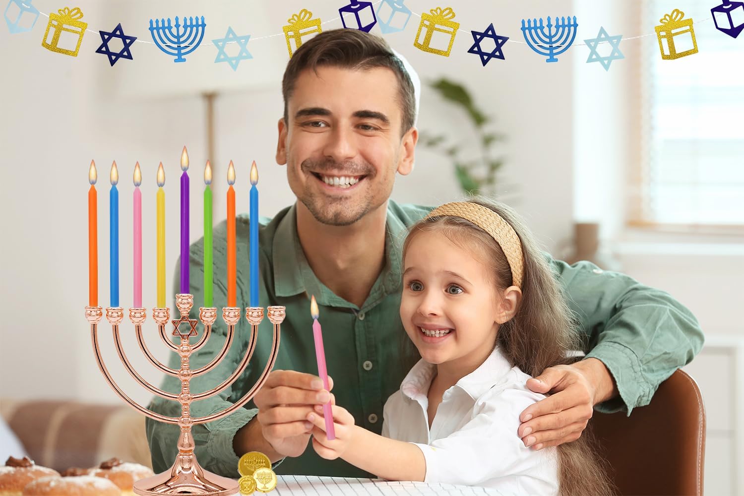 Deluxe Tapered Hanukkah Menorah Candles, Crayon Design, Family Pack, Multicolored (10-Pack)