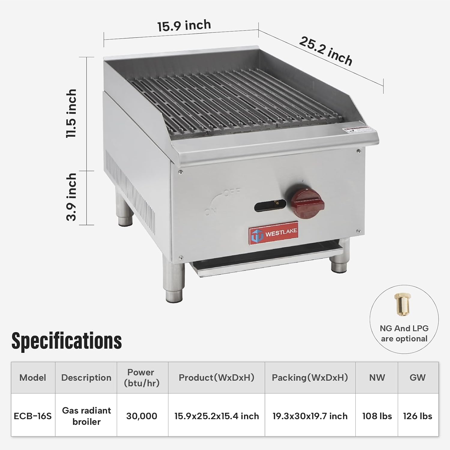 WESTLAKE 16'W Commercial Charbroiler Gas Countertop Single Burner Natural Gas and Propane 30,000 BTU Char Broiler Stainless Steel BBQ Stove Grill for Restaurants