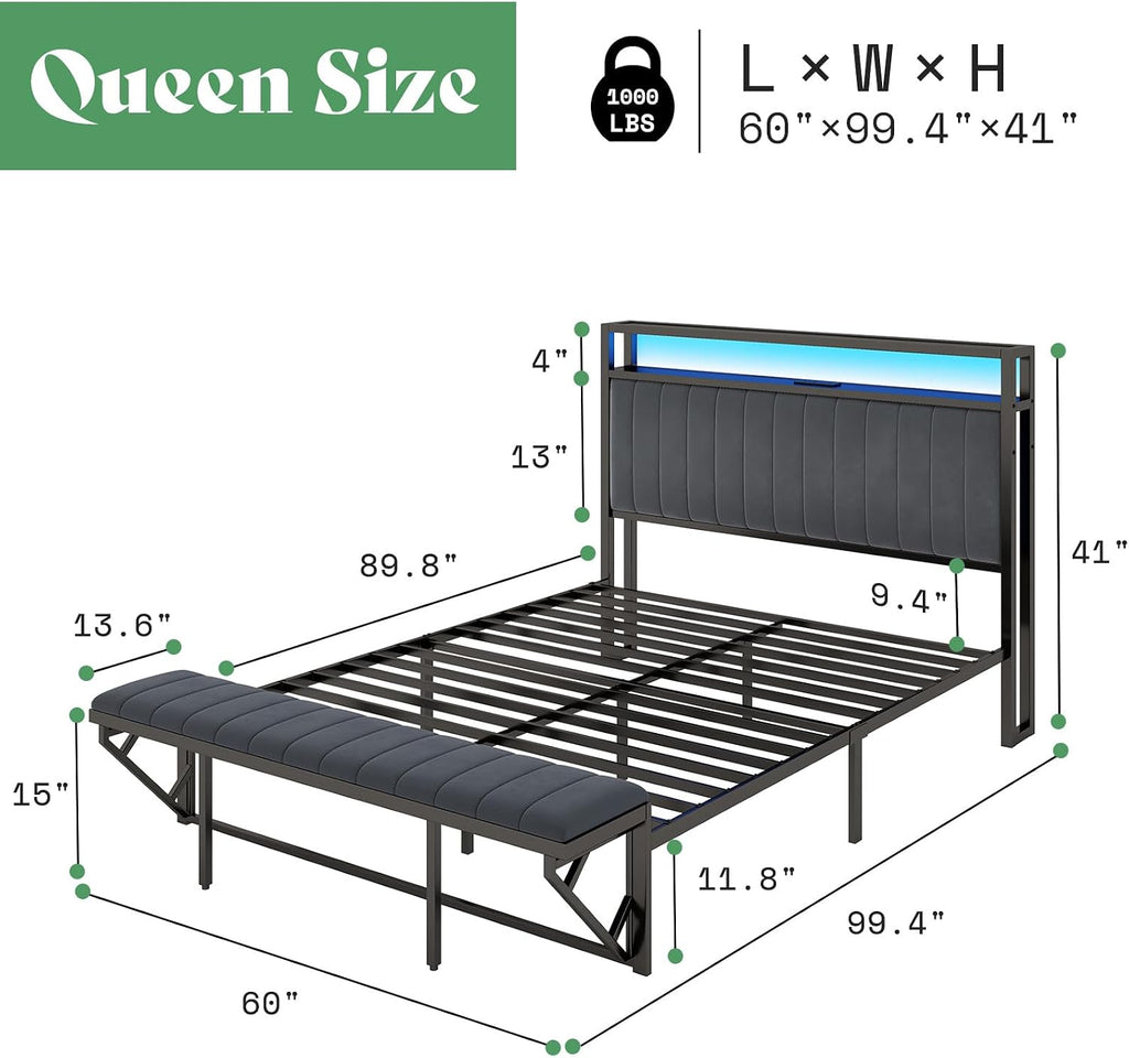 AMERLIFE Queen Size Bed Frame, Storage Headboard with Charging Station & LED Lights, Upholstered Platform Bed with Ottoman Footboard, Velvet Fabric, Metal Slats Support, Noisy Free, Grey