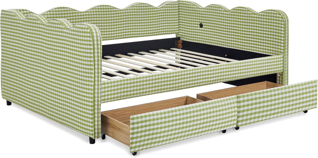 DEINPPA Full Size Upholstered Daybed with 2 Storage Drawers, Gingham Daybed with USB Ports for Bedroom Living Room Guest Room-Green