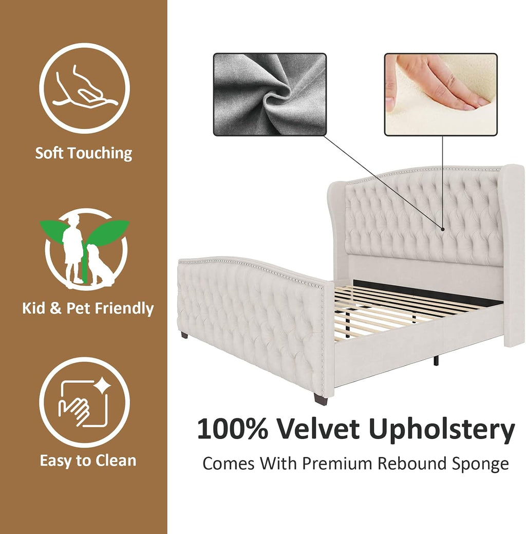 AMERLIFE King Size Platform Bed Frame, Velvet Upholstered Bed with Deep Button Tufted & Nailhead Trim Wingback Headboard/No Box Spring Required/Cream