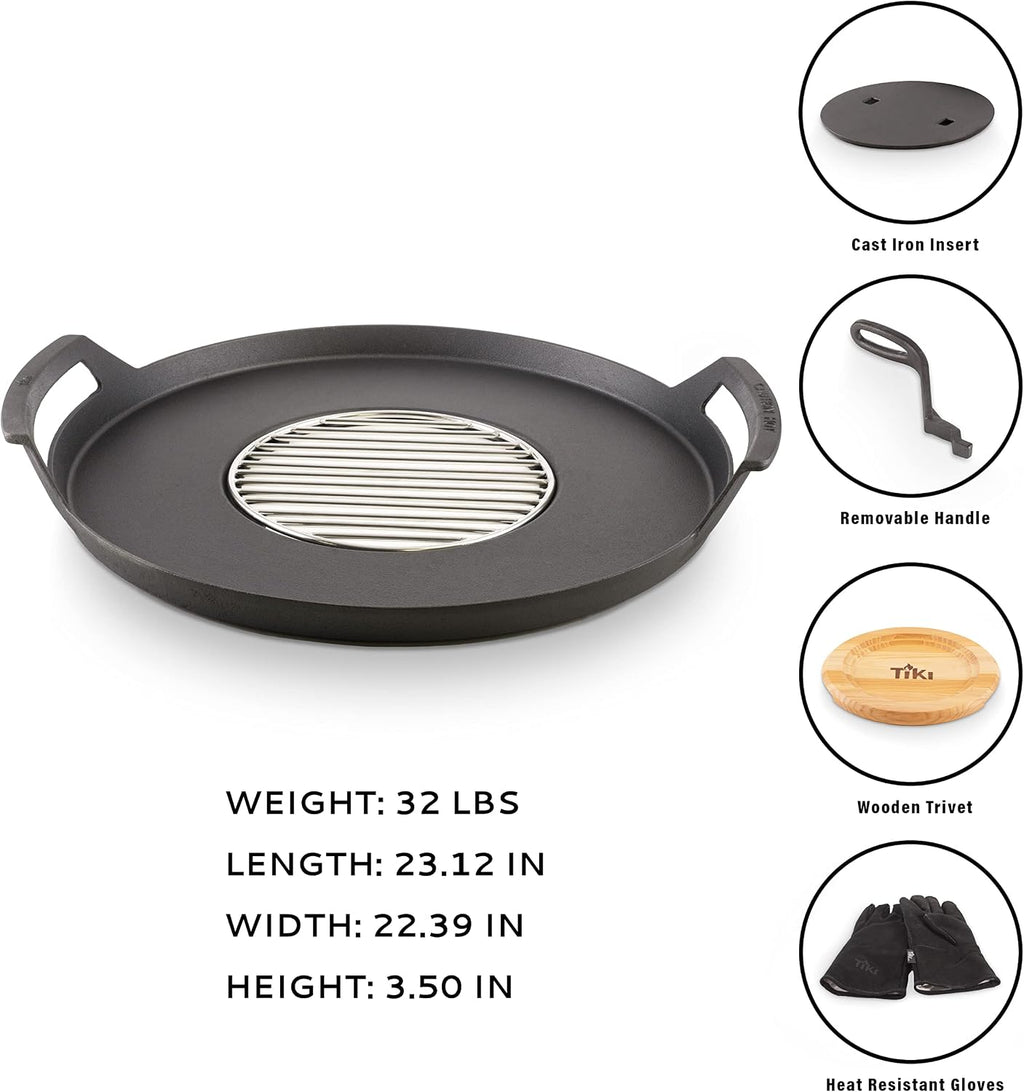 TIKI Fire Pit Griddle & Grill Combo – Cast Iron Cooking Surface for 16'-21' Smokeless Fire Pits – Outdoor BBQ Griddle for Camping & Patio – Includes Trivet & Heat-Resistant Gloves, Black