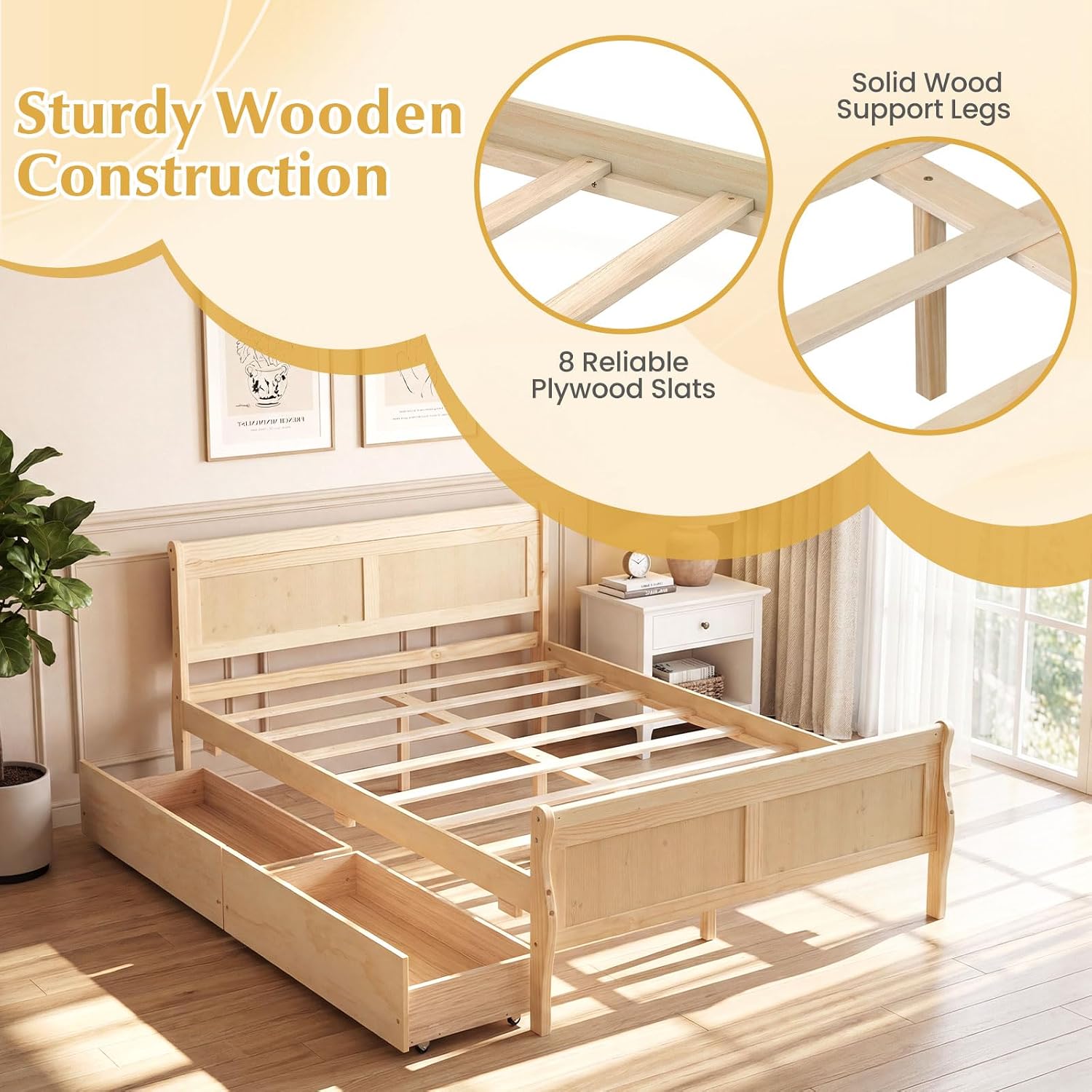Giantex Full Bed Frame with 2 Storage Drawers, Wood Platform Bed with Headboard & Footboard, Wooden Slats Support Mattress Foundation, Sleigh Bedframe for Teens Adults, No Box Spring Needed (Natural)