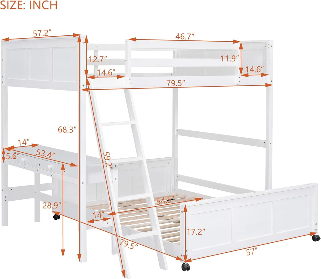 Ball & Cast Full Over Full Bunk Bed with Safty Guardrail & Stairway,Heavy Duty Wood Loft Bedframe W/Desk & Drawers,Easy Assembly,Versatile Functional Bedroom Furniture Set for Boy Girl Teens,White