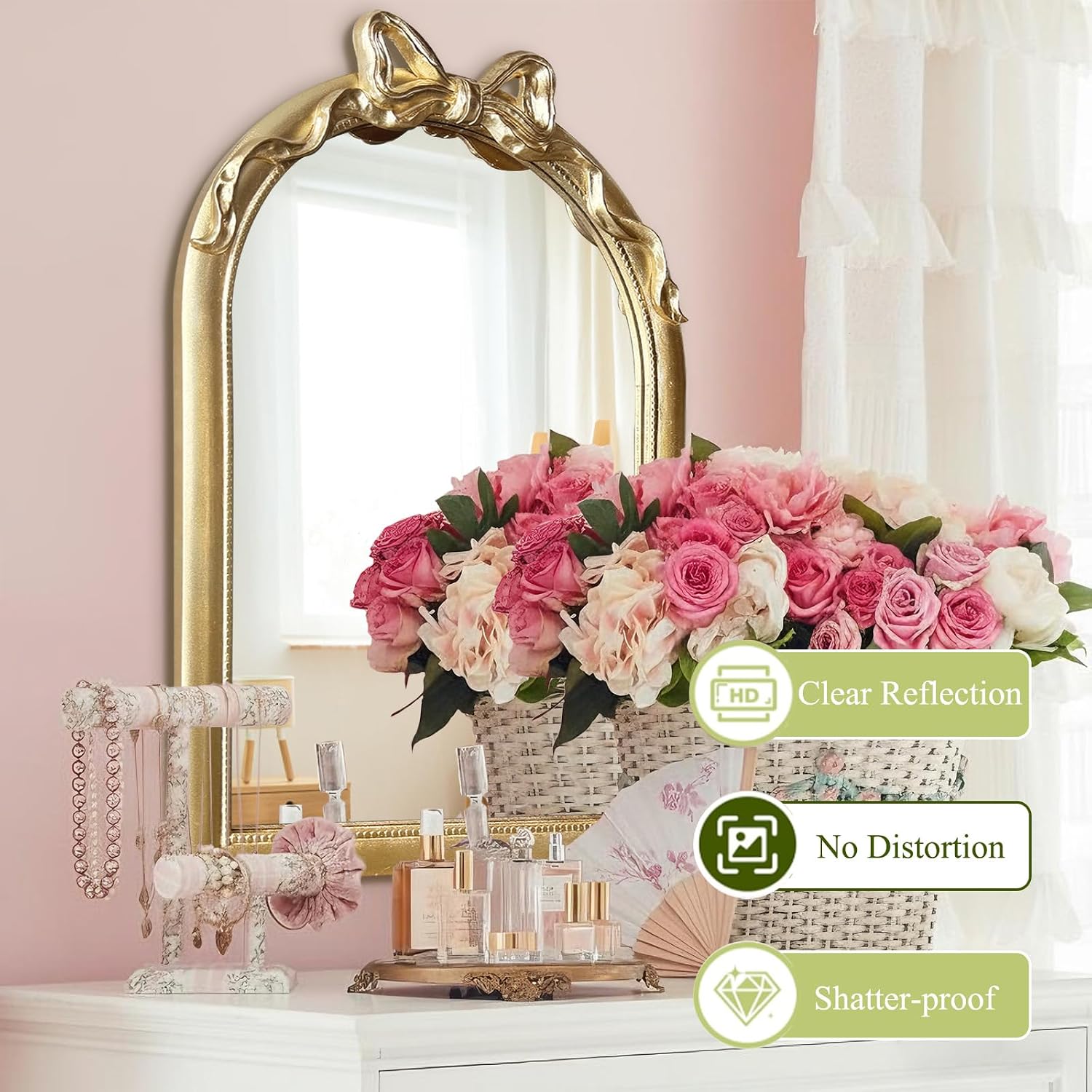 36x24 Arched Gold Bow Wall Mirror, Vintage Vanity Mirror for Bathroom & Bedroom Decor, Antique French Style Engineered Wood Frame with Ribbon Knot, Cute Coquette Aesthetic