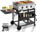 3 Burner 30000 BTU Outdoor Gas Griddle with Lid (Side Shelf), Portable Flat Top Griddle 28 Inch Heavy-Duty Cast Iron Grill, Bottle Rack & Grease Pan for Camping, Picnic, Patio