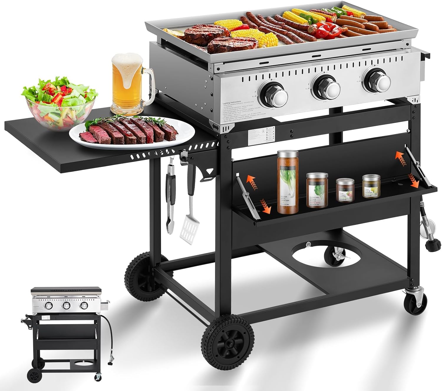 3 Burner 30000 BTU Outdoor Gas Griddle with Lid (Side Shelf), Portable Flat Top Griddle 28 Inch Heavy-Duty Cast Iron Grill, Bottle Rack & Grease Pan for Camping, Picnic, Patio