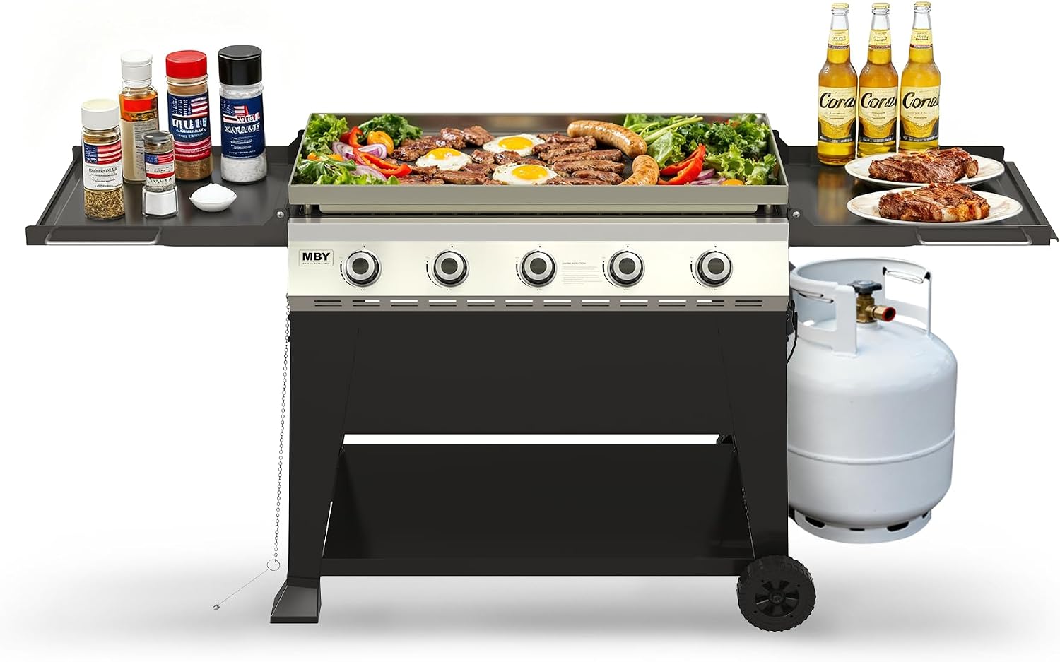 5 Burner Propane Grill with Rainproof Cover 36inch Outdoor Flat Top Griddle Foldable Side Table for Backyards Barbecue