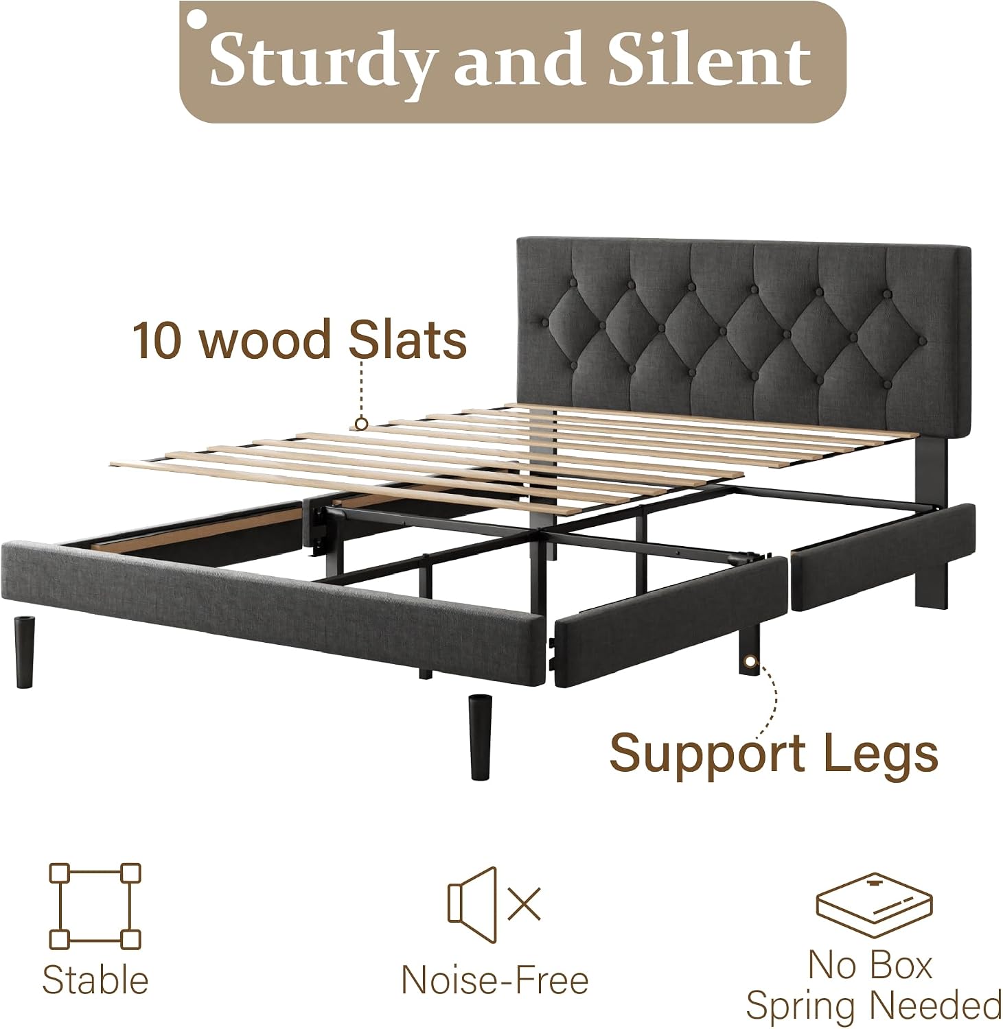 CXVX Queen Size Platform Bed Frame with Upholstered Headboard, Button Tufted Design, Strong Wooden Slats, No Box Spring Needed, Easy Assembly, Noise Free