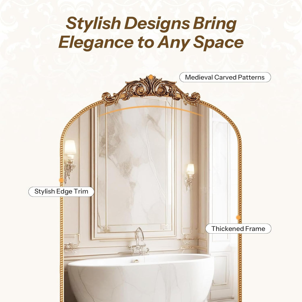 24x35 Inch Medicine Cabinets for Bathroom, Bronze Arched Medicine Cabinet with Mirror, Recessed or Surface Mount Medicine Cabinet Mirror，Premium All-Metal Frame&Body, Easy Assembly, Gold