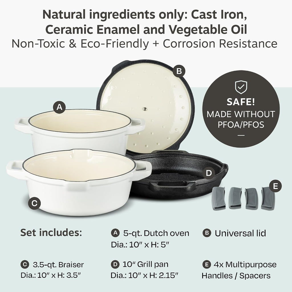 NATIVO 5pc Stackable Cast Iron Cookware Set, Versatile Enamel Dutch Oven, Seasoned Grill Pan & Enamel Braiser with Precision Pour Spouts, Universal Lid, Included Spacers/Handle Holders, White Dutch